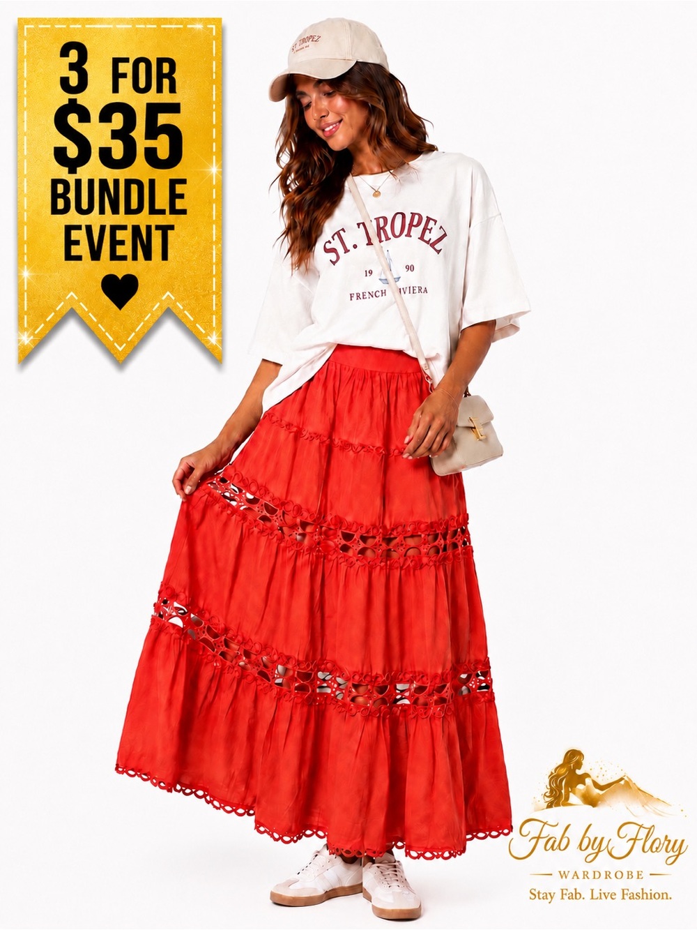 Tiered Maxi Skirt in Vibrant Coral-Red